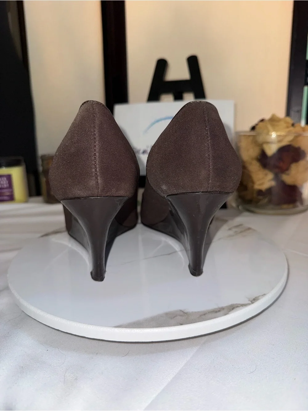 Ellen Tracy Dark Brown Peep-Toe Wedge Heels